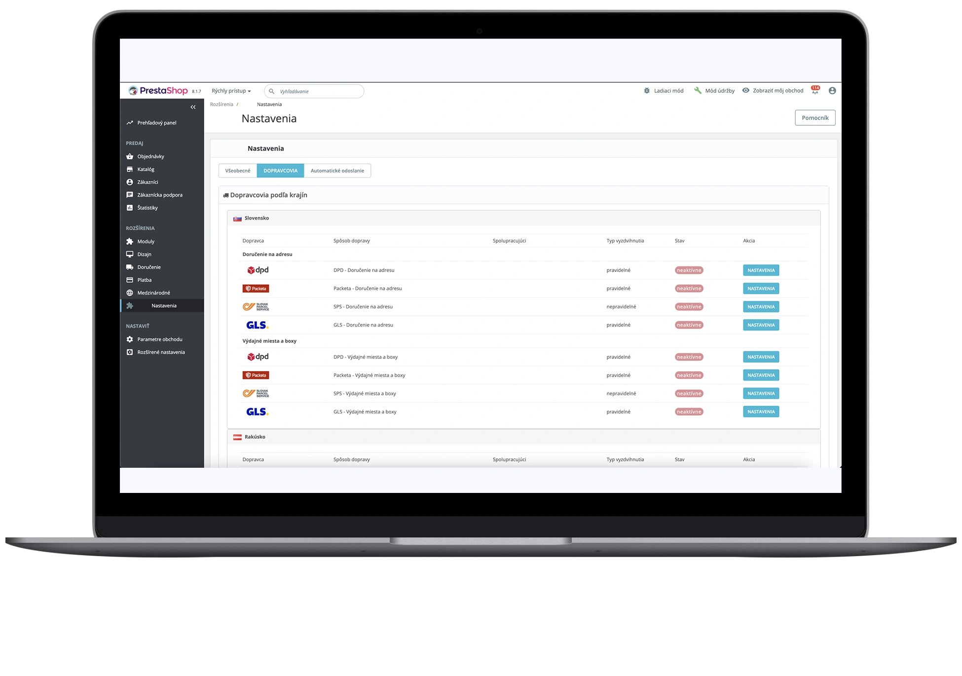 Screenshot administračného rozhrania Prestashop pluginu od Net Consult